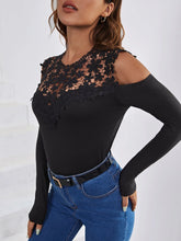 Guipure Lace Insert Cold Shoulder Tee